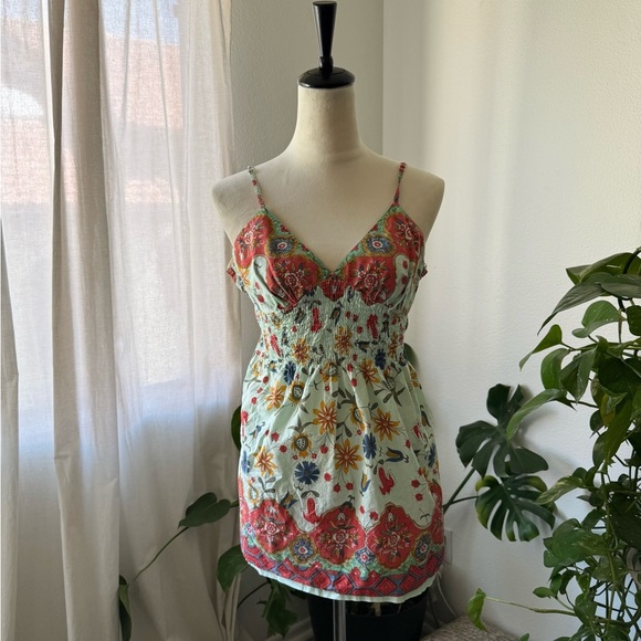 Vintage y2k Boho Floral Print Smocked  Waist Tunic Top - Picture 1 of 5